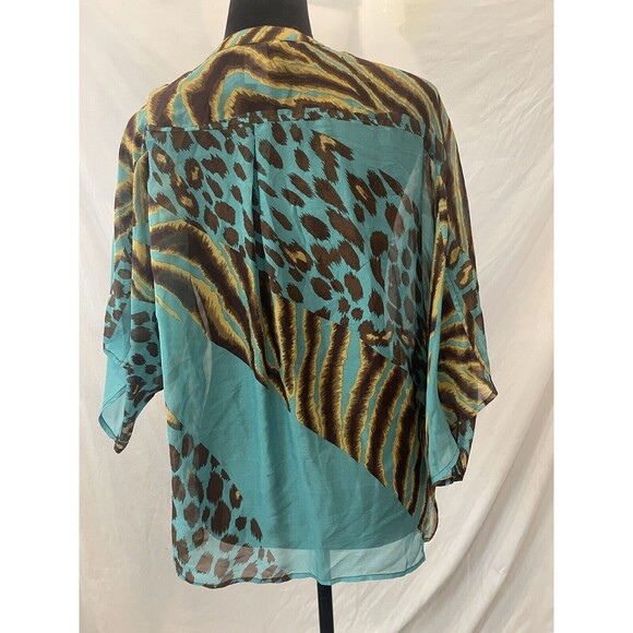 Antonio Makali 100% Silk Blouse Women Teal Animal print Medium Sheer - Picture 2 of 8